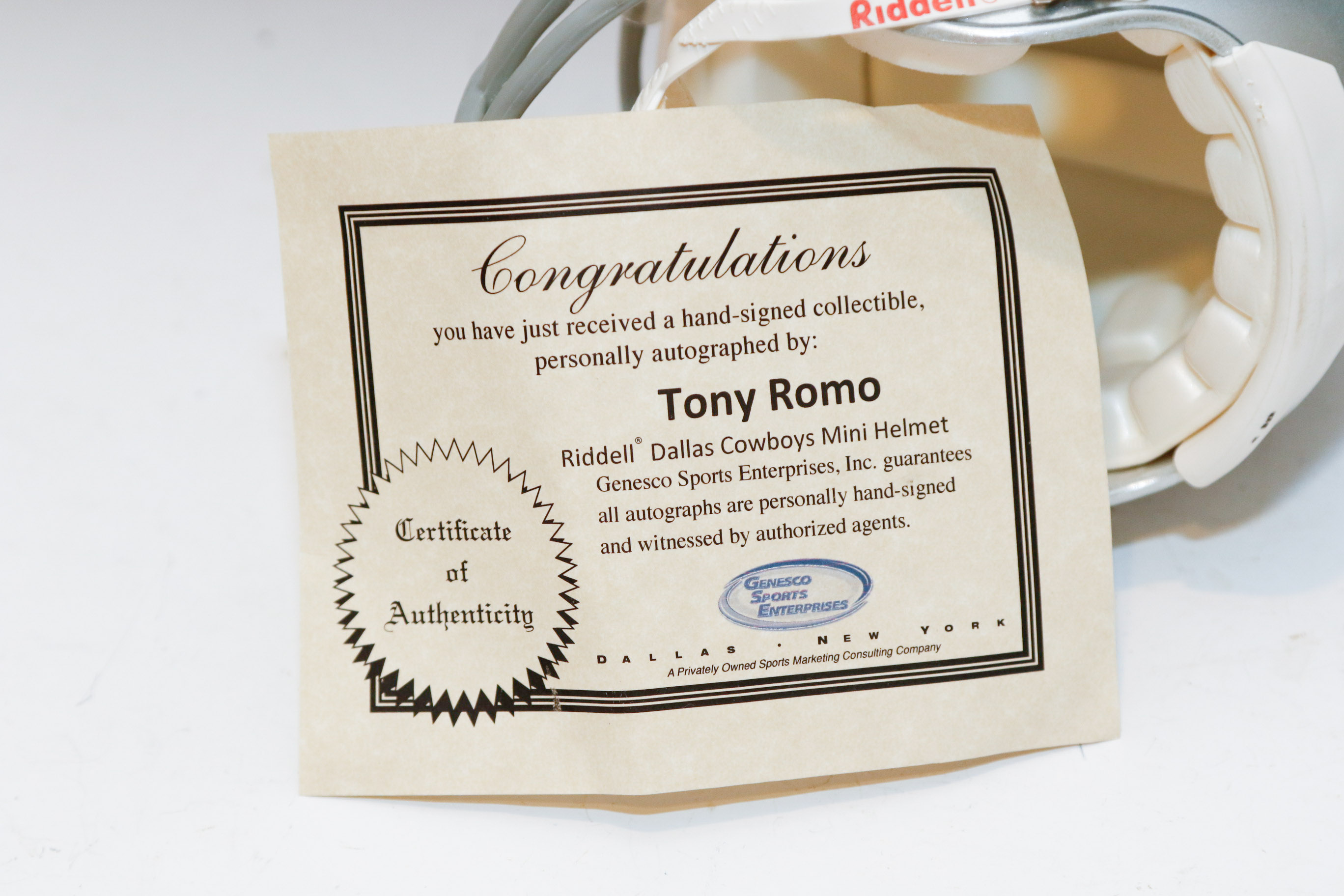 Tony Romo Autographed Miniature Cowboys Helmet COA
