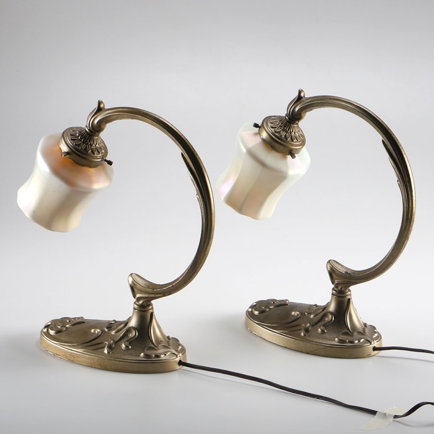 Brass Victorian Lamps with Struben Calcite Aurens Shades
