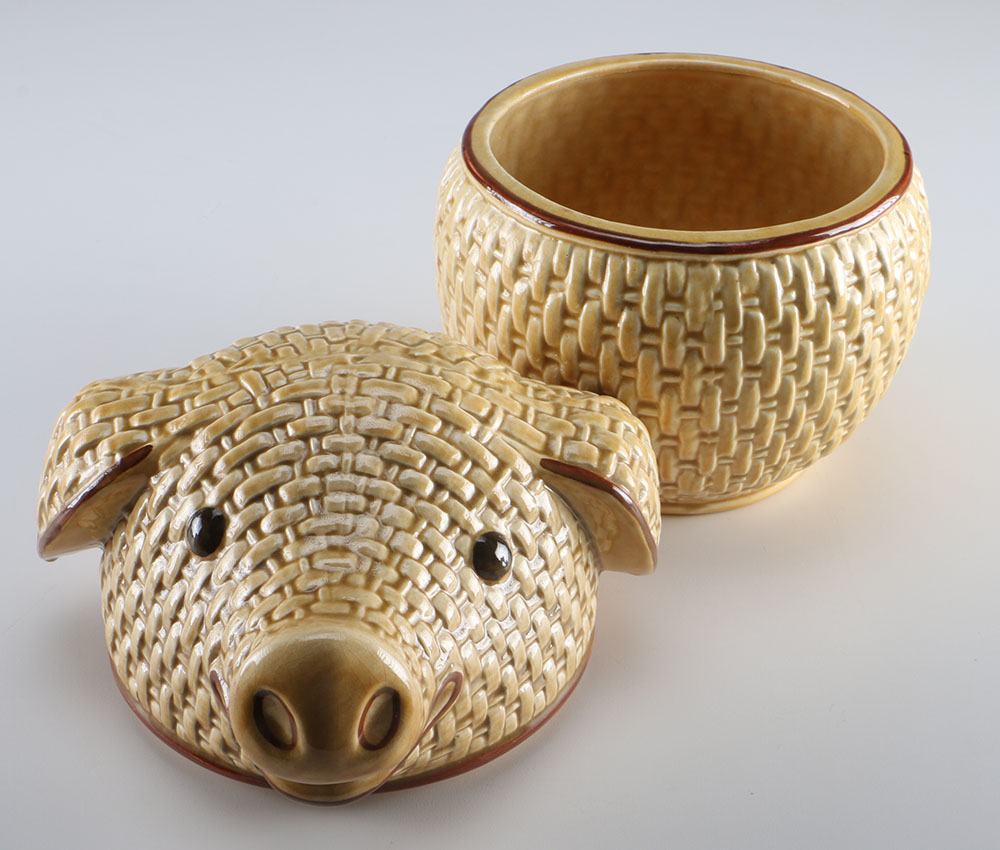Vintage Basket Weave Cookie Jar Pig