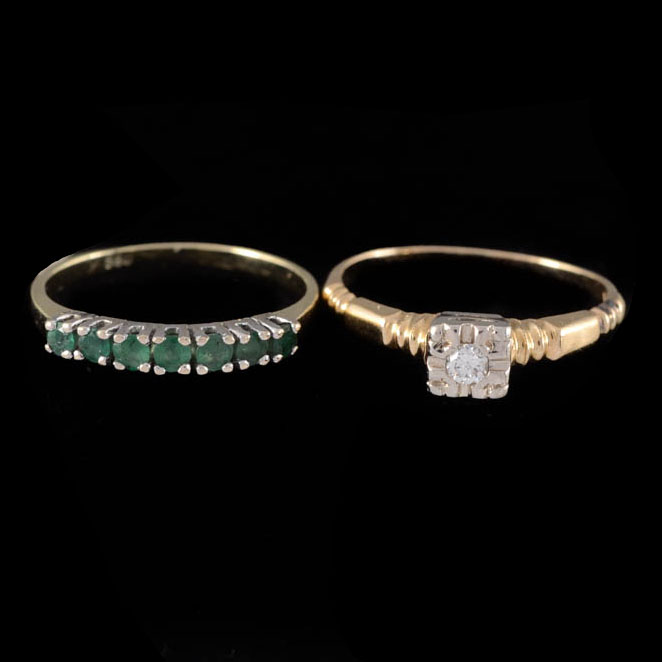 14K Diamond Antique Solitaire Ring and 14K Yellow Gold Emerald Band Ring