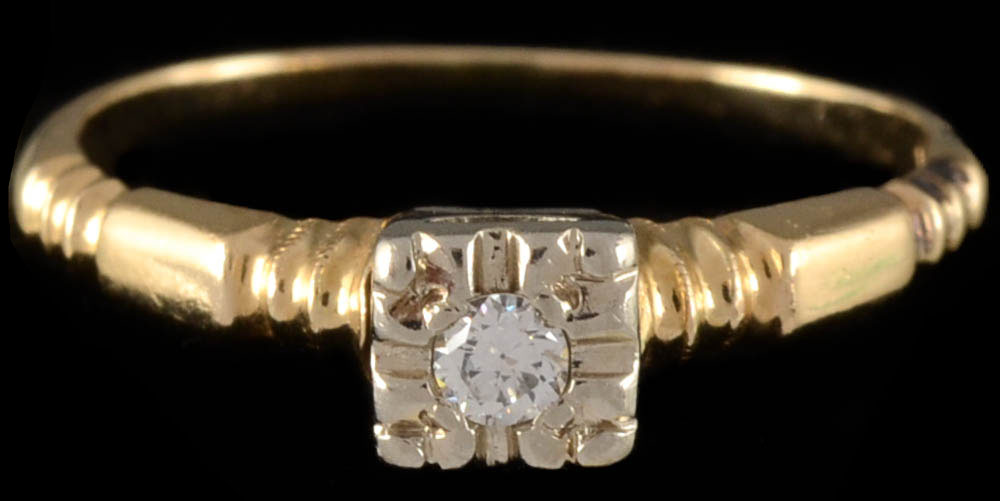 14K Diamond Antique Solitaire Ring and 14K Yellow Gold Emerald Band Ring