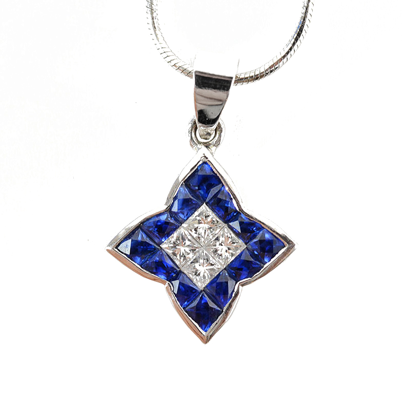 14K White Gold Diamond and Sapphire Pendant Necklace