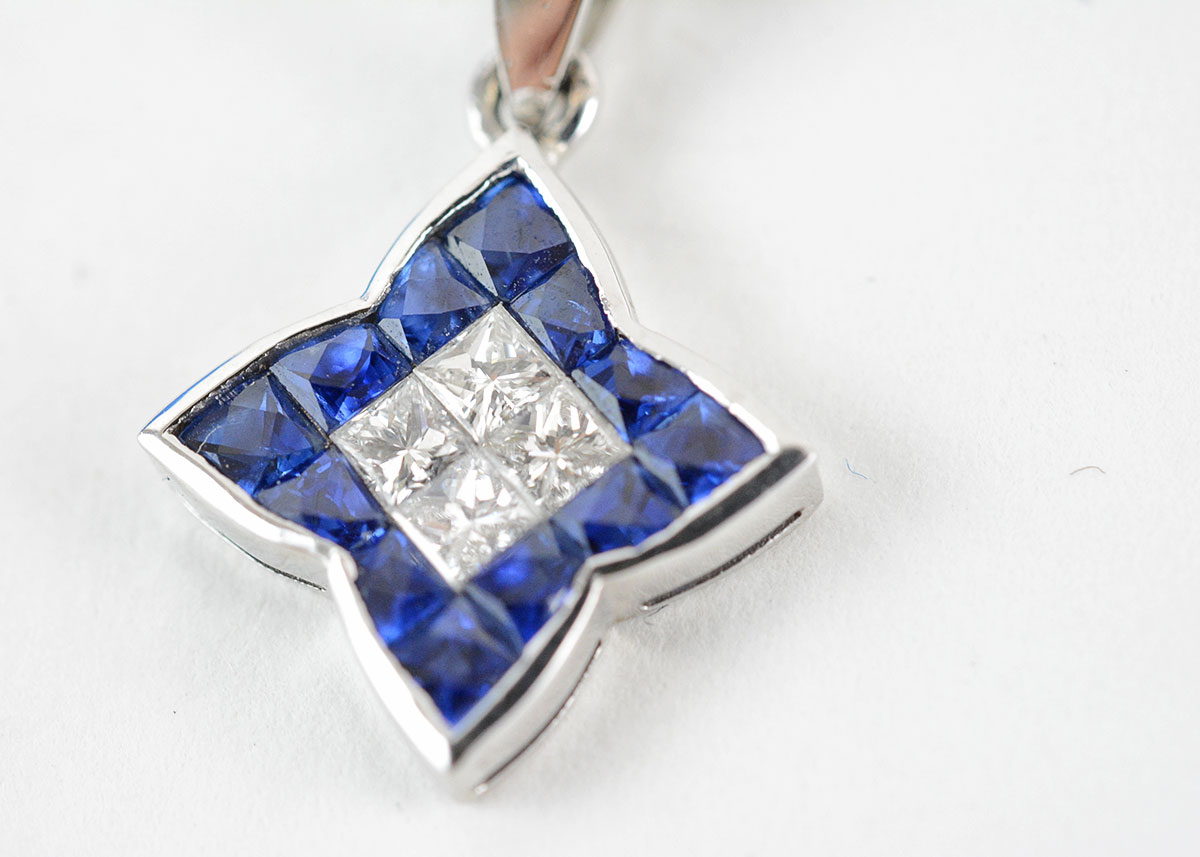 14K White Gold Diamond and Sapphire Pendant Necklace