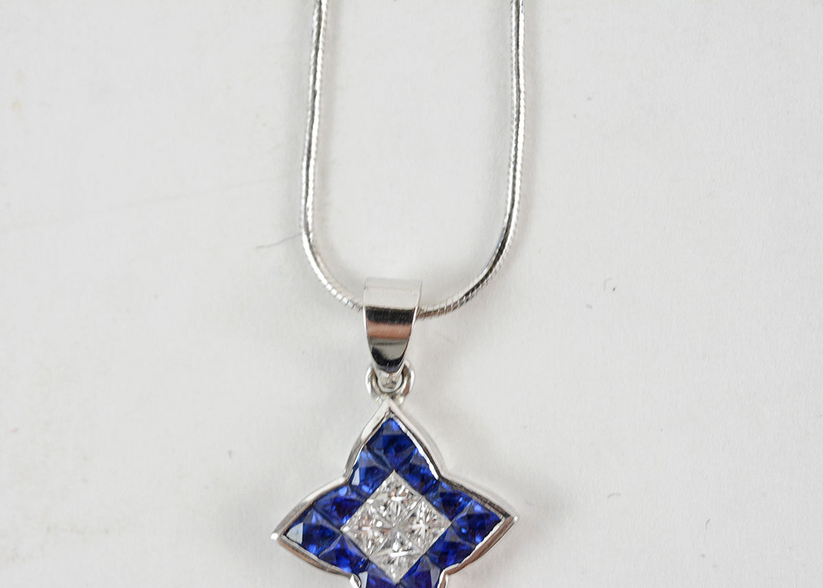 14K White Gold Diamond and Sapphire Pendant Necklace
