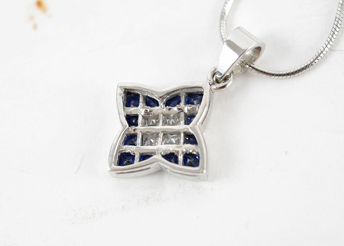 14K White Gold Diamond and Sapphire Pendant Necklace