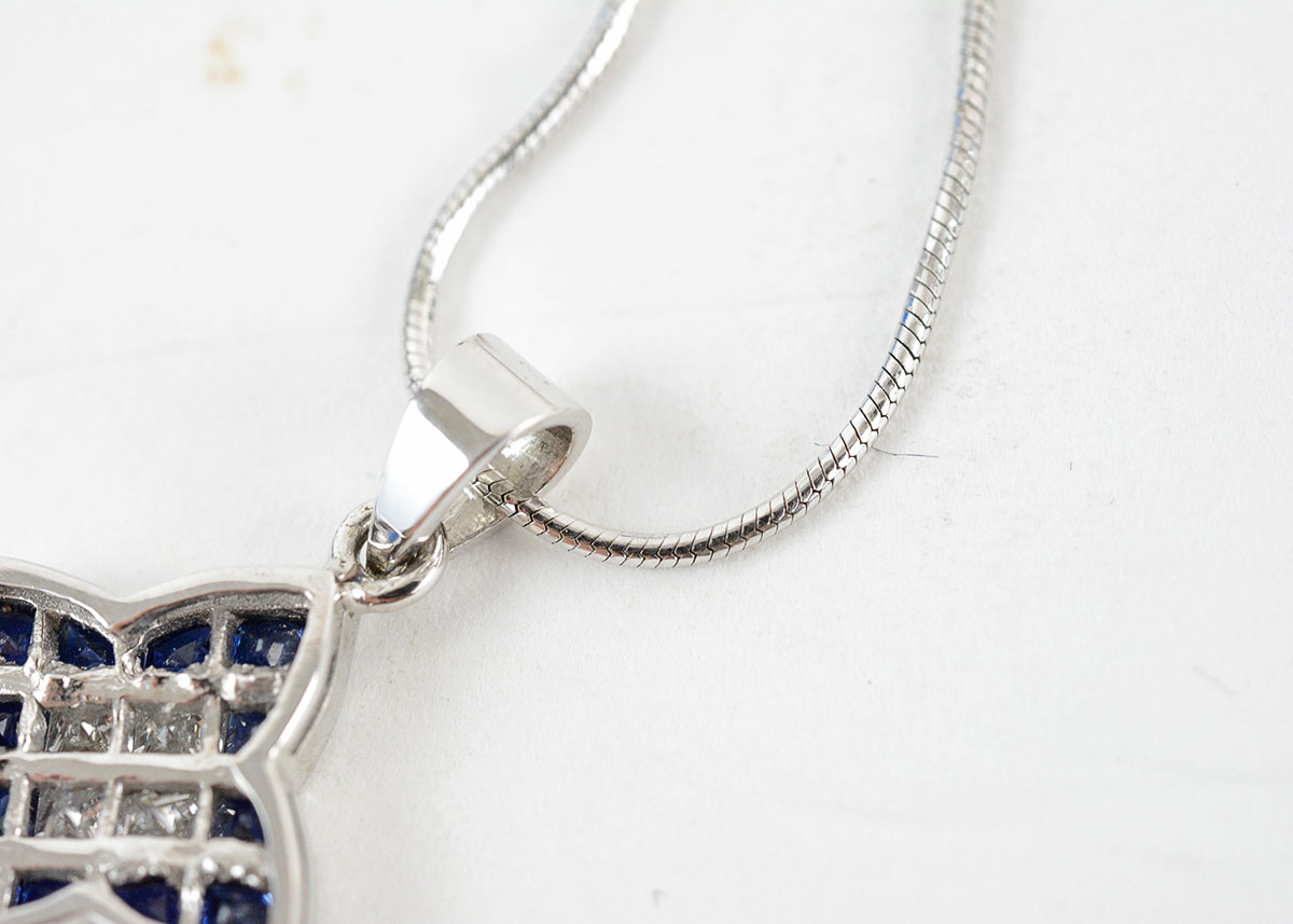 14K White Gold Diamond and Sapphire Pendant Necklace