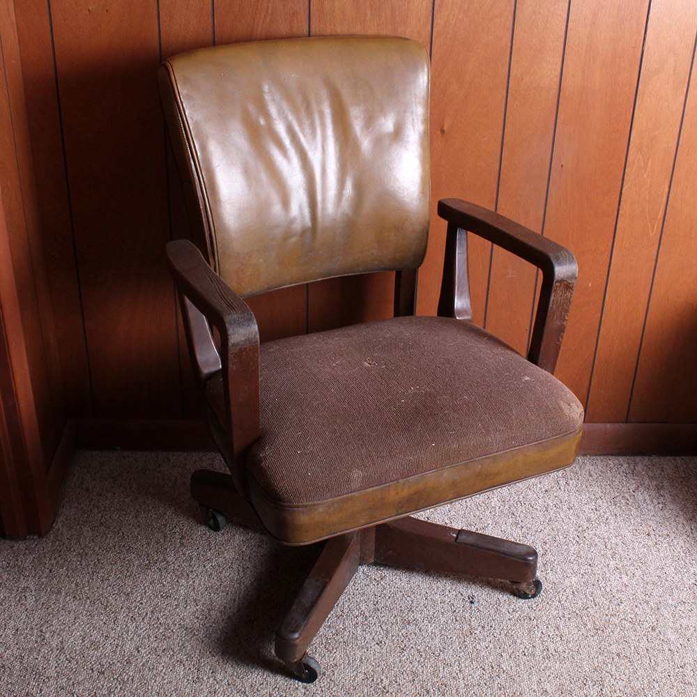 Vintage Walnut and Leather Upholstered Office Chair