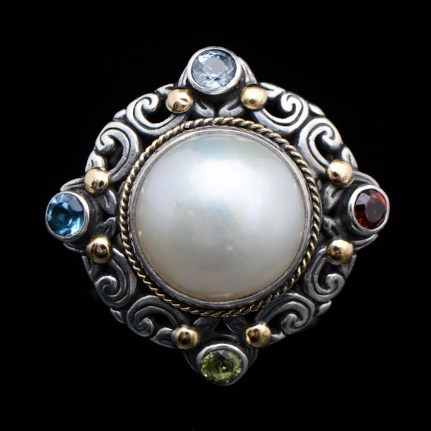 Robert Manse Sterling Silver, 18K Gold, Multi Semi-Precious Gemstones and Pearl Ring