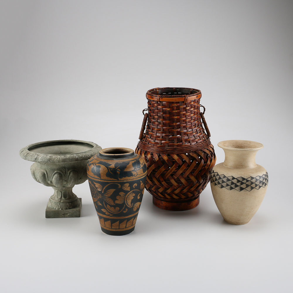 Collection of Vases, Basket, and Planter