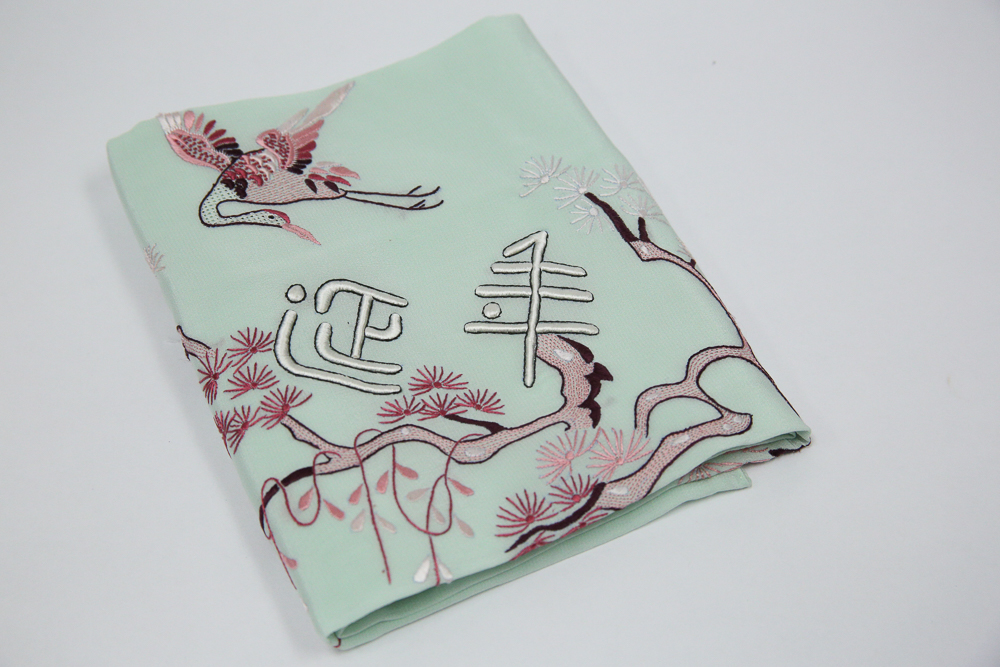 Vintage Hand Embroidered Silk Scarf with Asian Motif