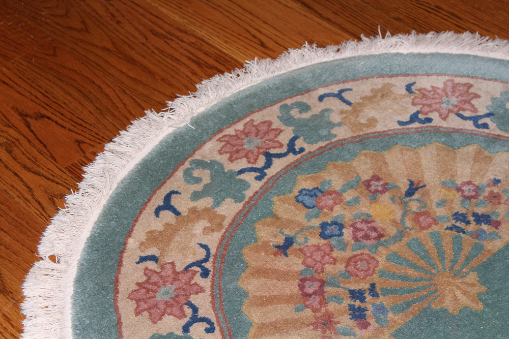 Teal Oval Rug with Fan Motif