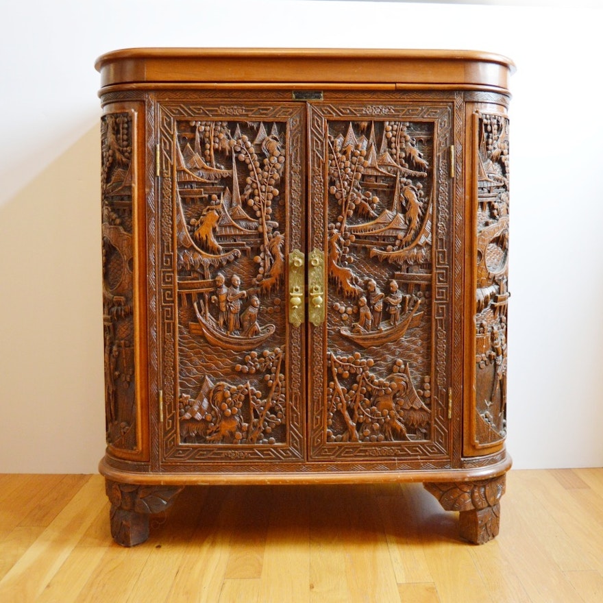 Vintage Chinese Carved Mahogany Cabinet Bar