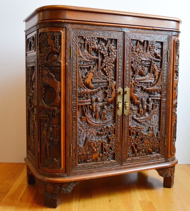 Vintage Chinese Carved Mahogany Cabinet Bar