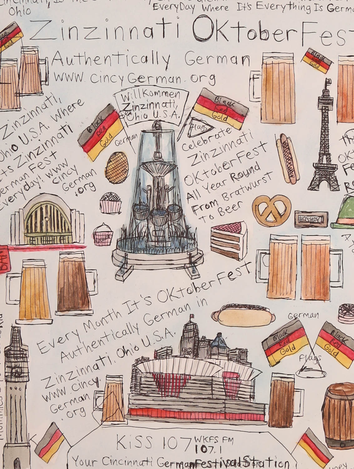 Courttney Cooper "Zinzinnati Oktober Fest" Signed Watercolor Drawing