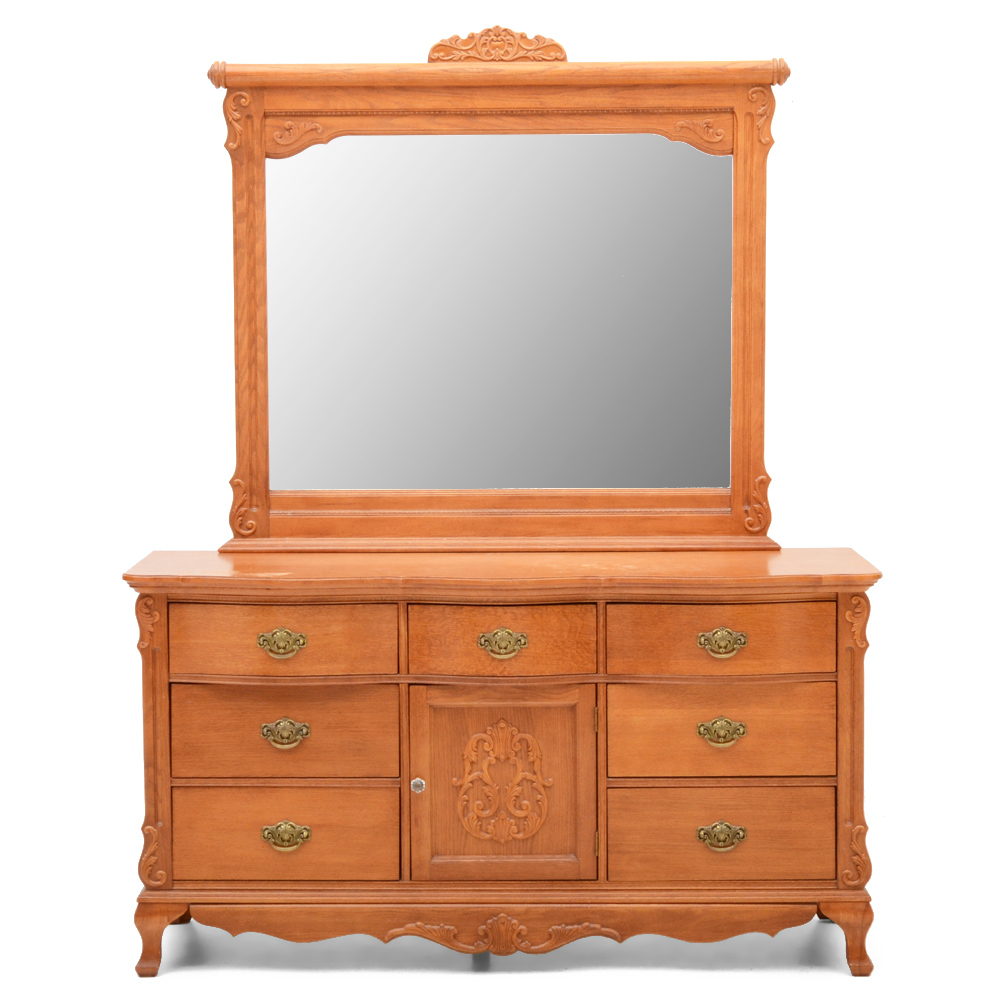 Stanley Oak Late Victorian Style Triple Dresser with Large Mirror