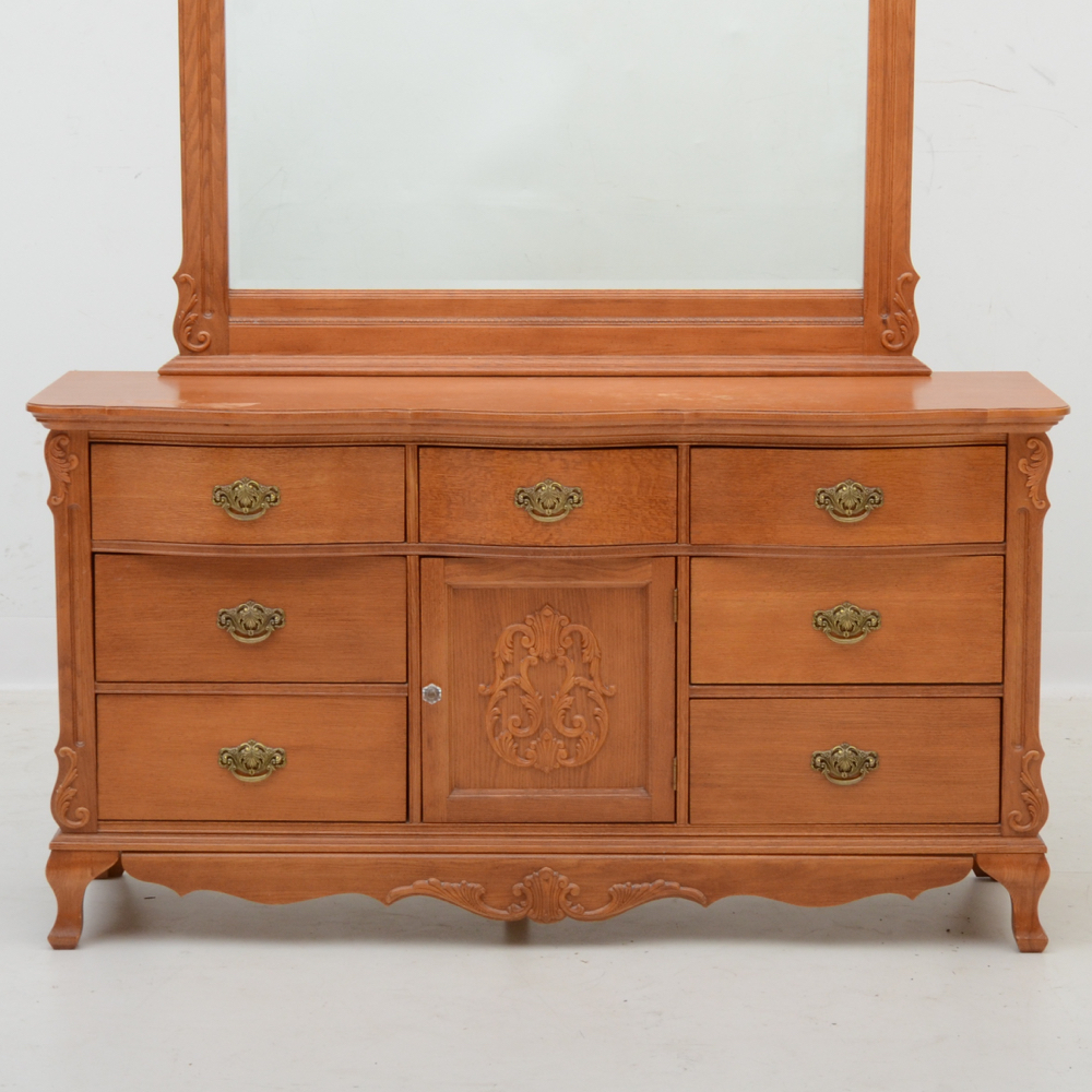 Stanley Oak Late Victorian Style Triple Dresser with Large Mirror