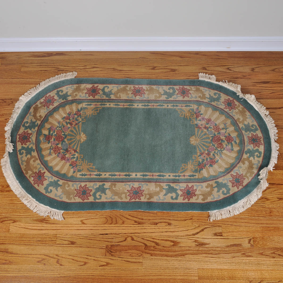 Teal Oval Area Rug with Fan Motif