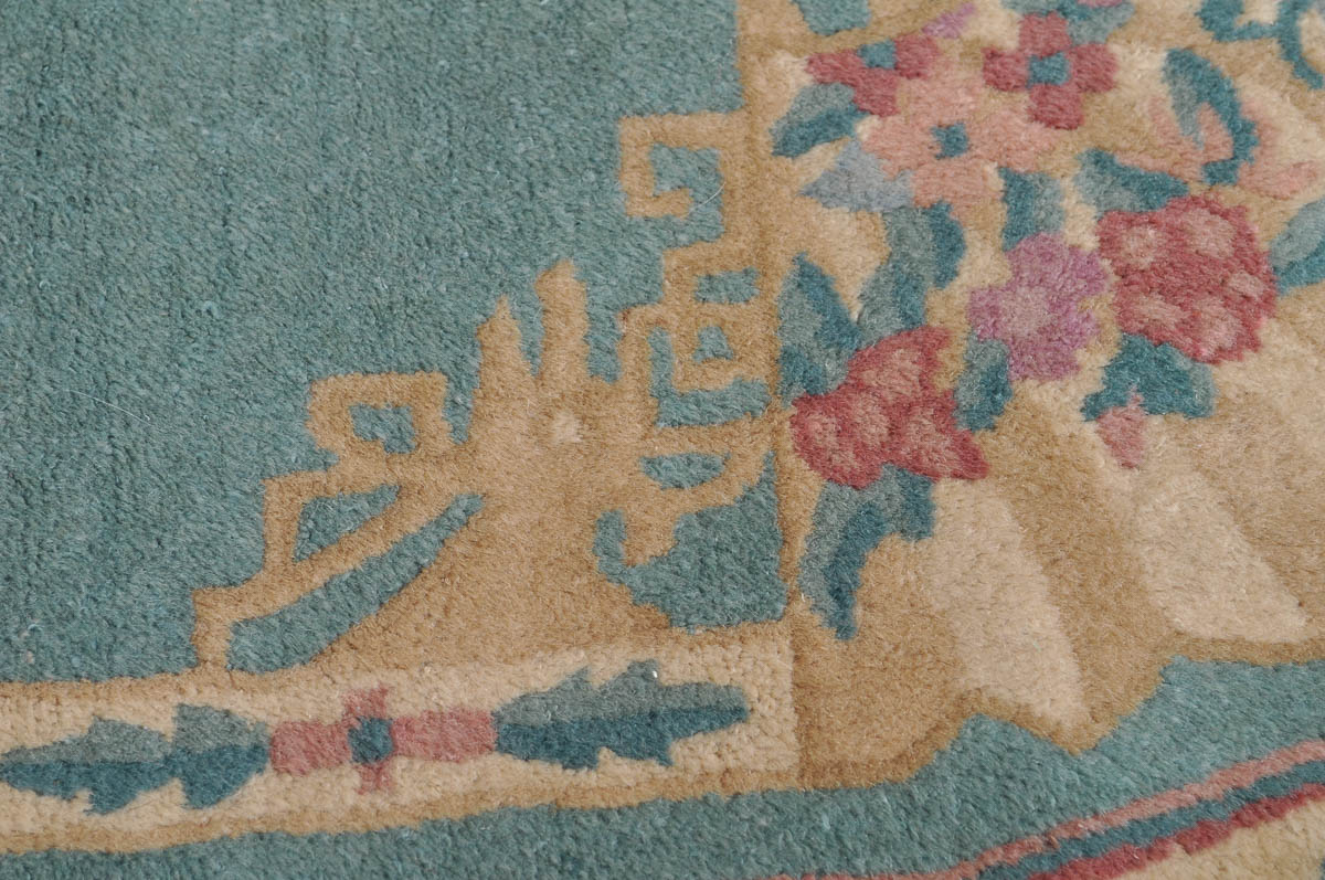 Teal Oval Area Rug with Fan Motif