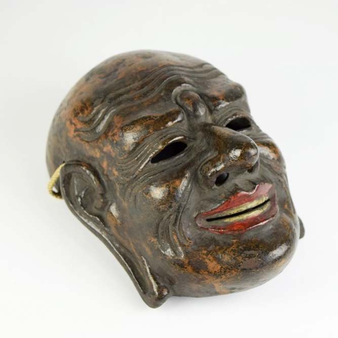 Antique Lacquered Japanese Noh Mask, "Taikofu", Tottering Old Man