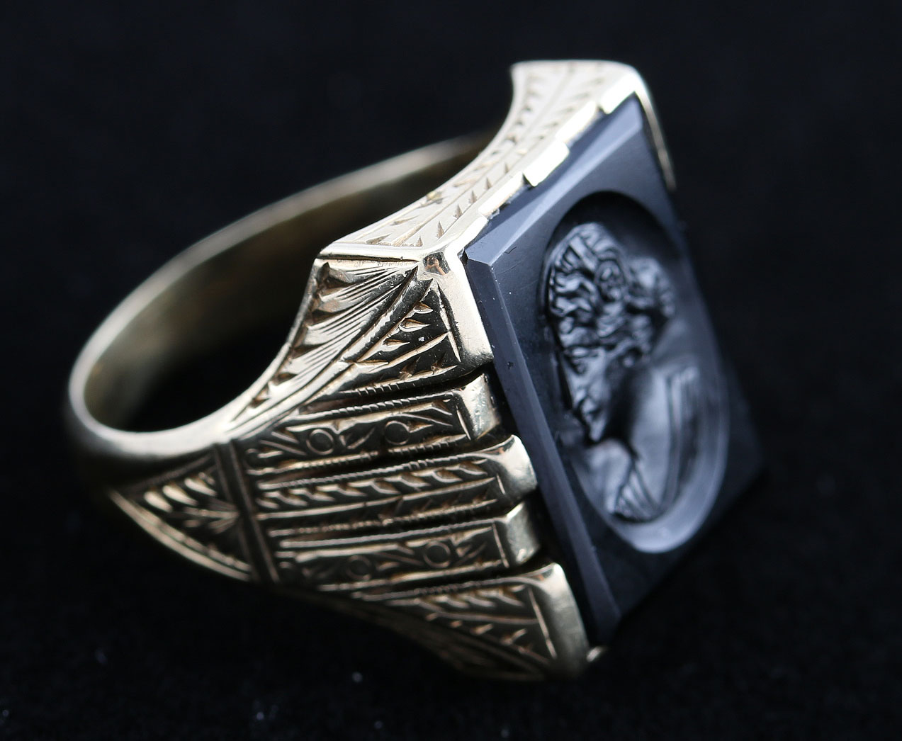 10K Rose Gold Victorian Onyx Ring and Stamped 10K Yellow Gold Intaglio Carved Ring