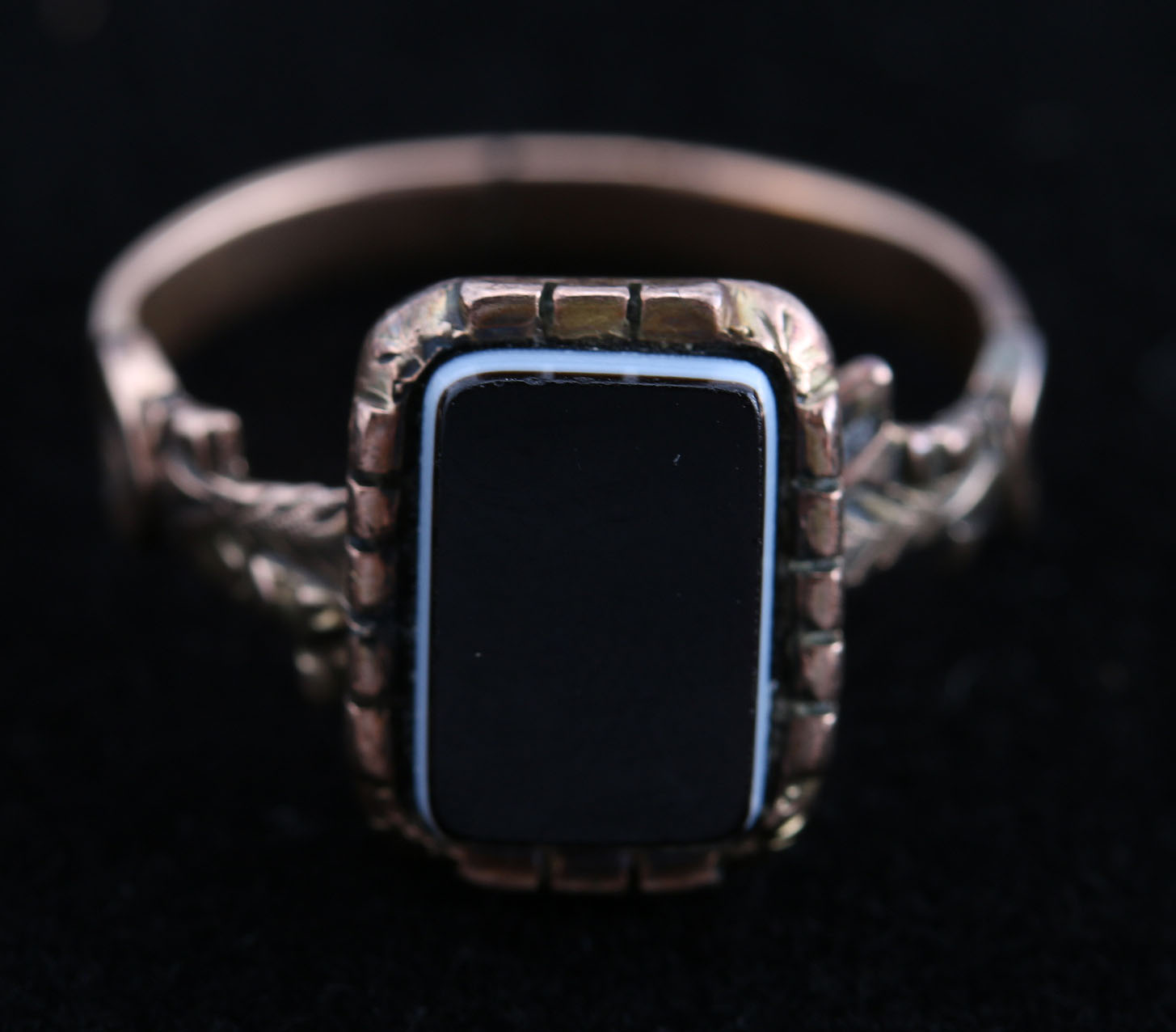10K Rose Gold Victorian Onyx Ring and Stamped 10K Yellow Gold Intaglio Carved Ring
