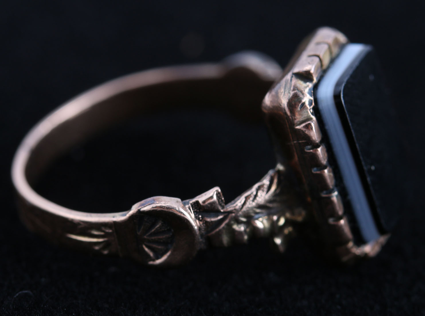 10K Rose Gold Victorian Onyx Ring and Stamped 10K Yellow Gold Intaglio Carved Ring