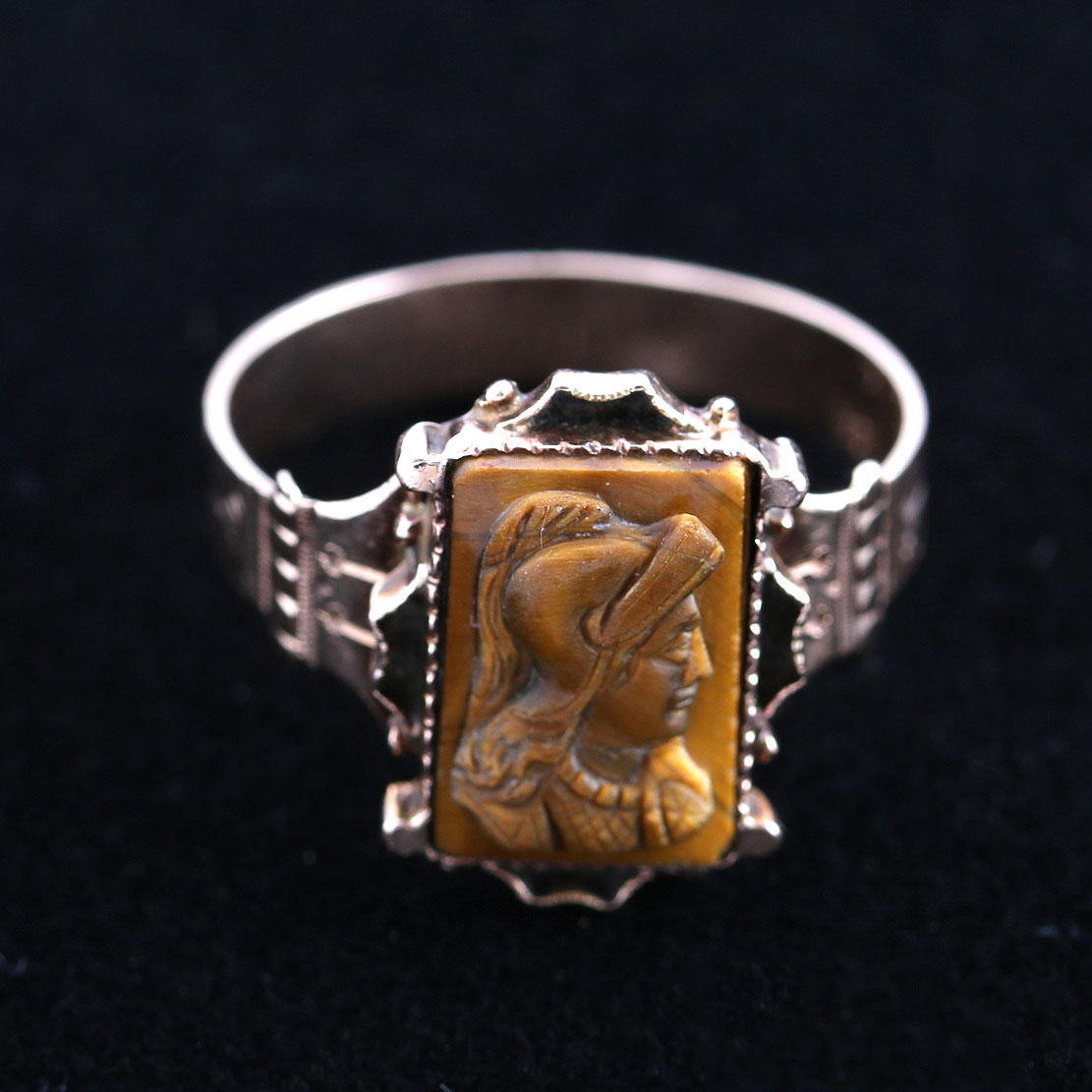 Victorian 10K Rose Gold Cameo Tiger Eye Ring