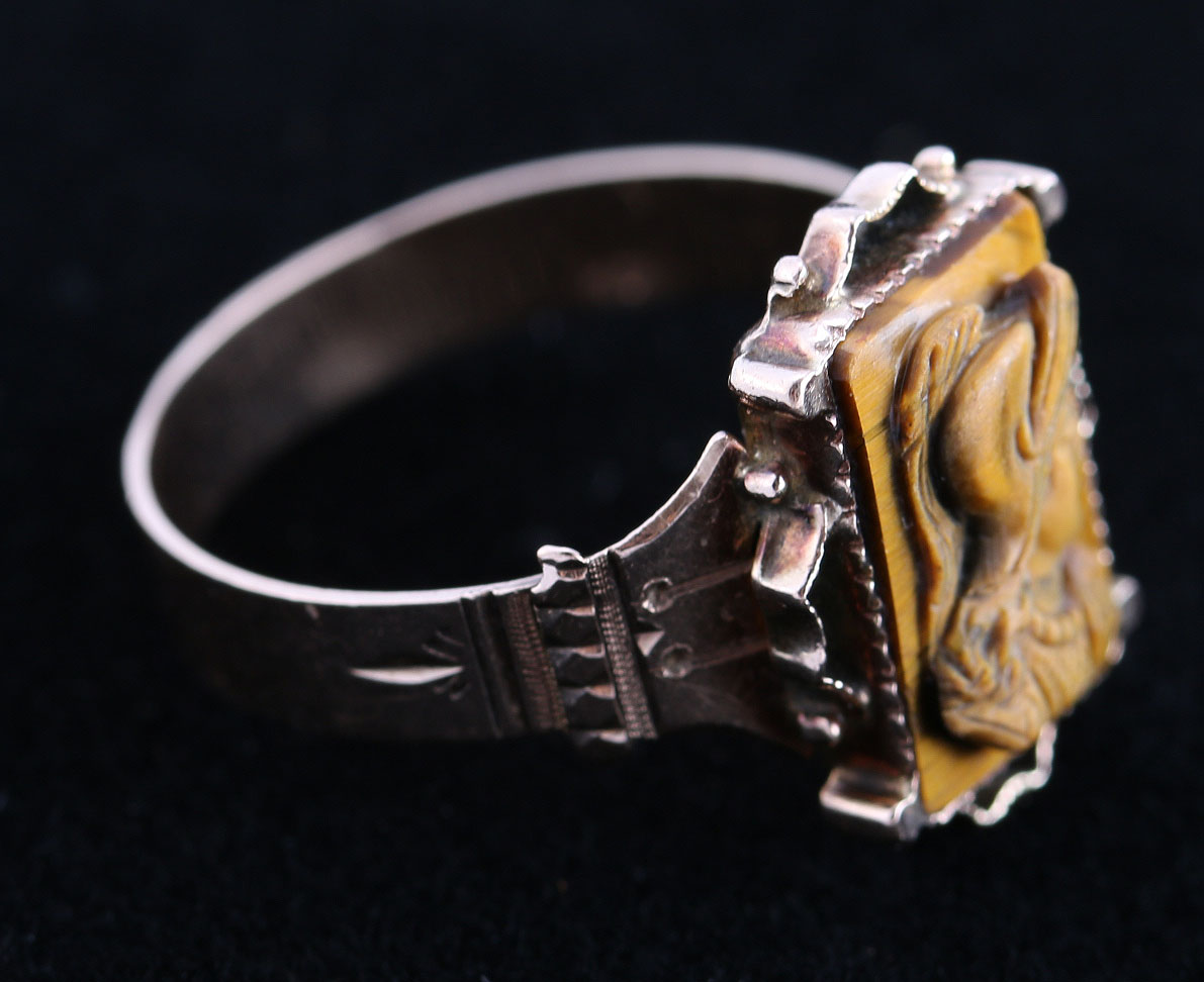 Victorian 10K Rose Gold Cameo Tiger Eye Ring