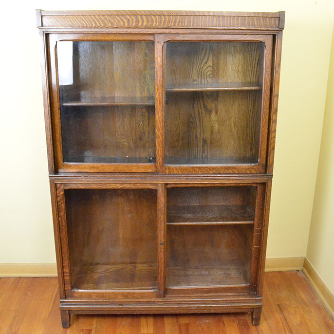 Early 20th Century Solid Oak Sliding Glass Door Bookcase