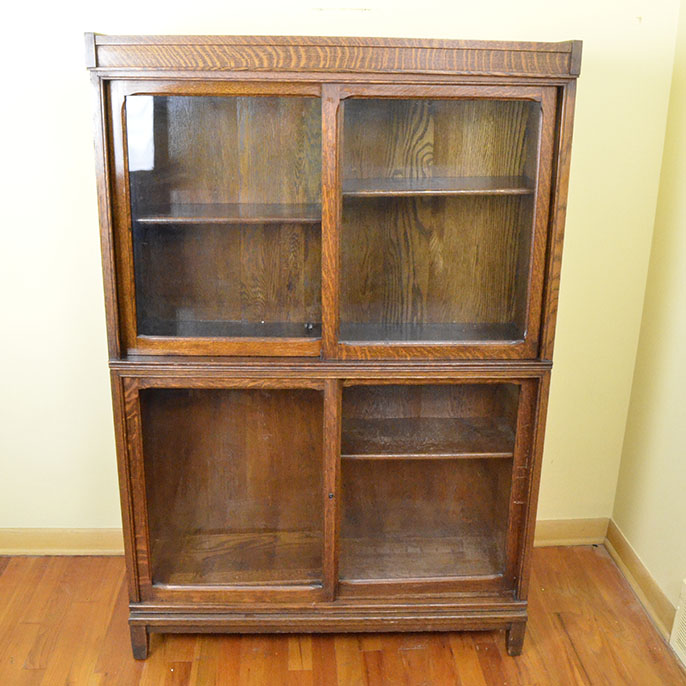 Early 20th Century Solid Oak Sliding Glass Door Bookcase