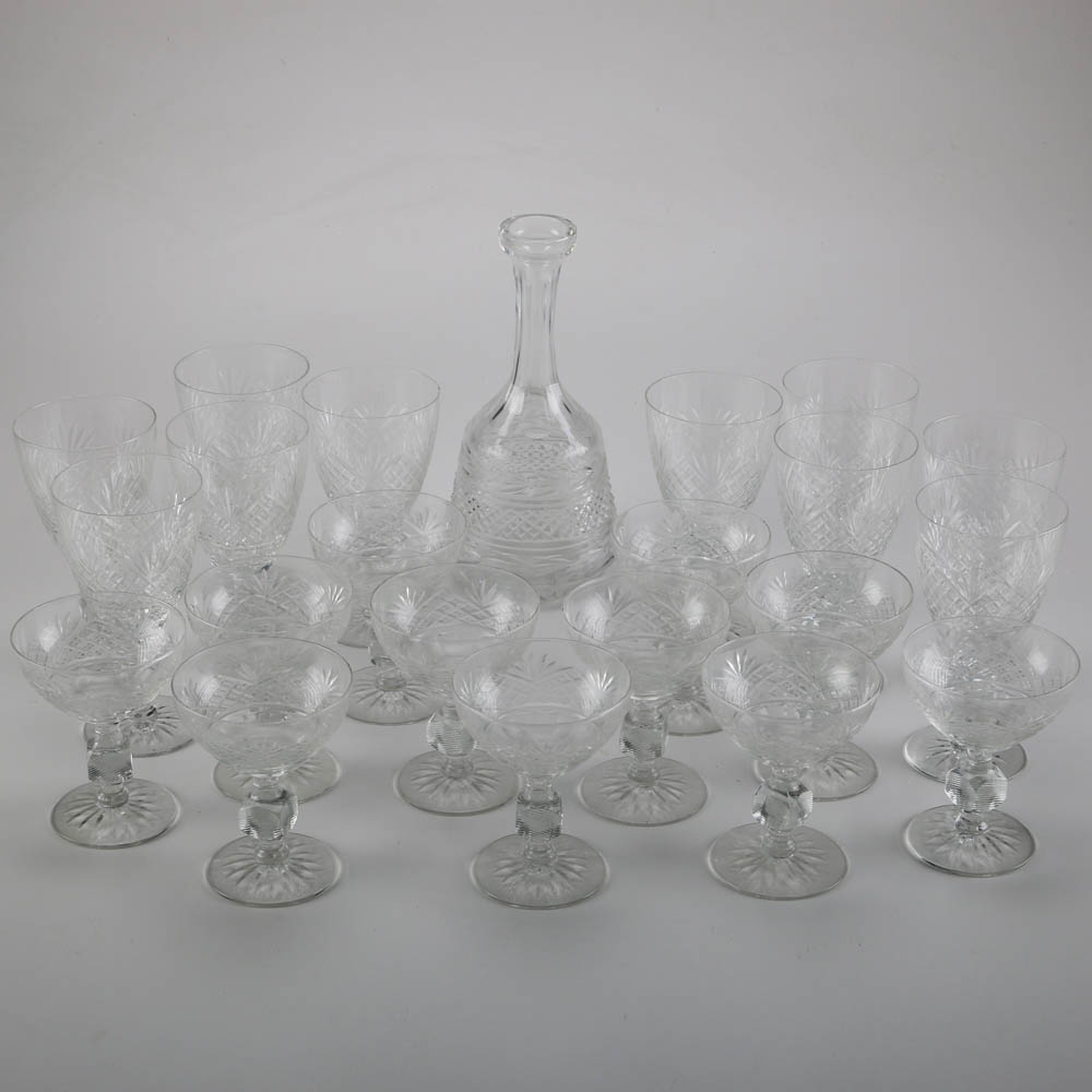Set of Twenty-One Cut Glass Wine Glasses with Decanter