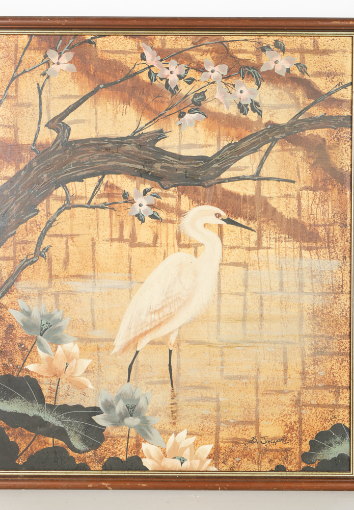 Oil Crane Painting Signed by B. Joseph