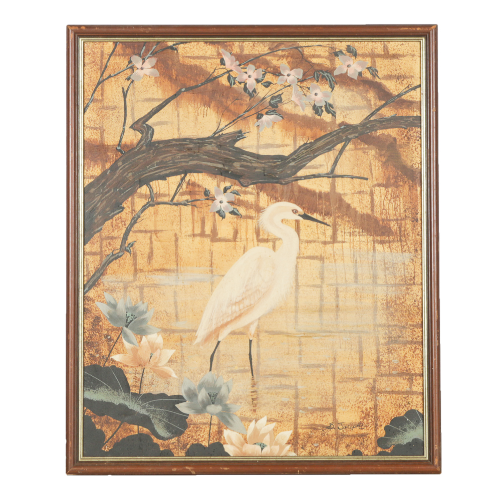 Oil Crane Painting Signed by B. Joseph