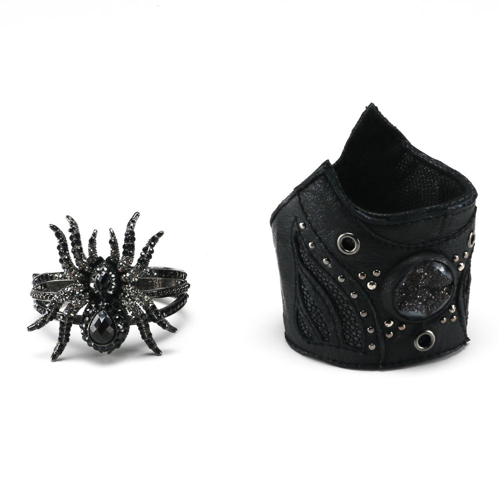 Black Leather Cuff And Rhinestone Spider Cuff Bracelet