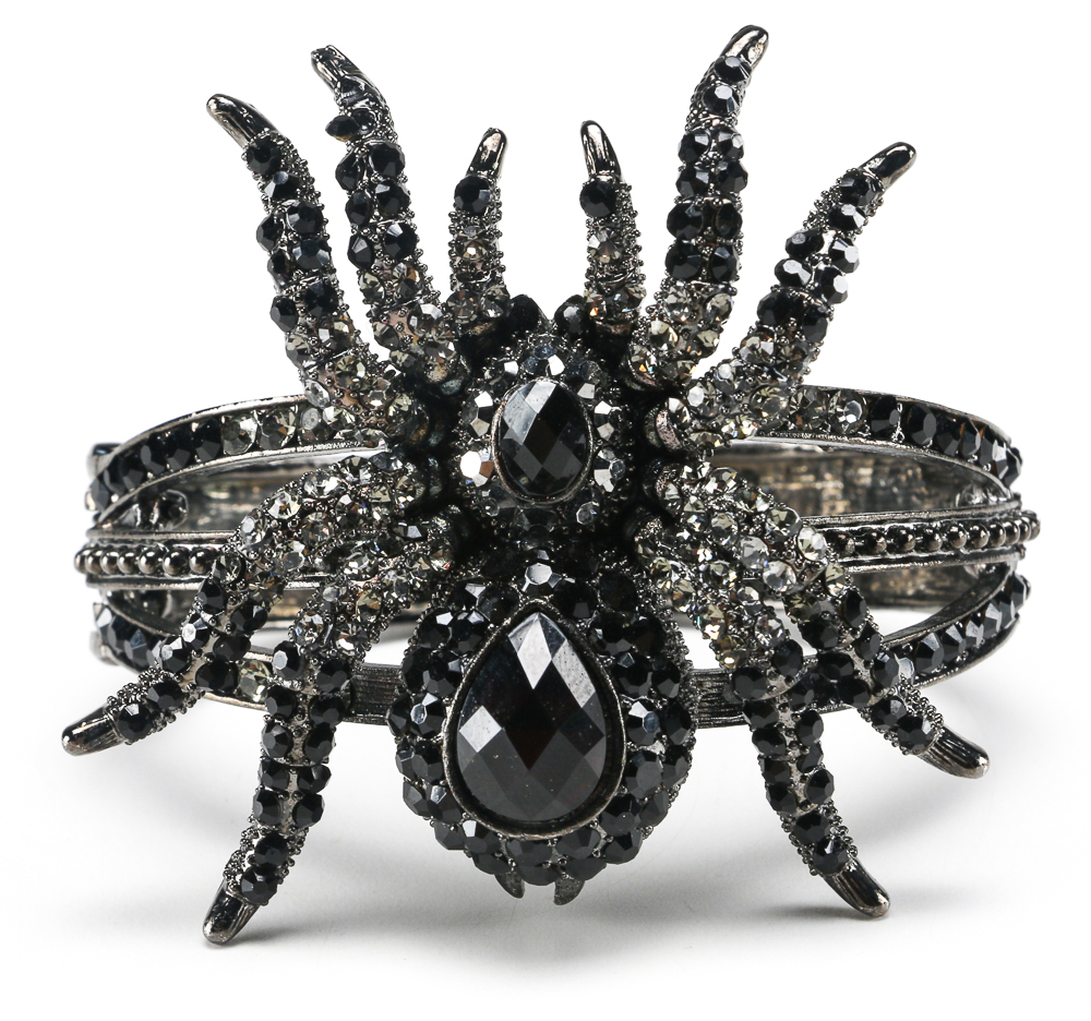 Black Leather Cuff And Rhinestone Spider Cuff Bracelet