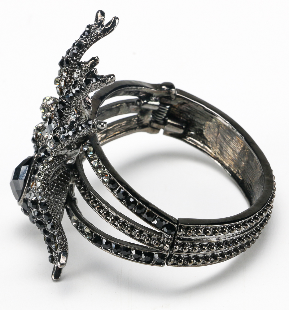 Black Leather Cuff And Rhinestone Spider Cuff Bracelet