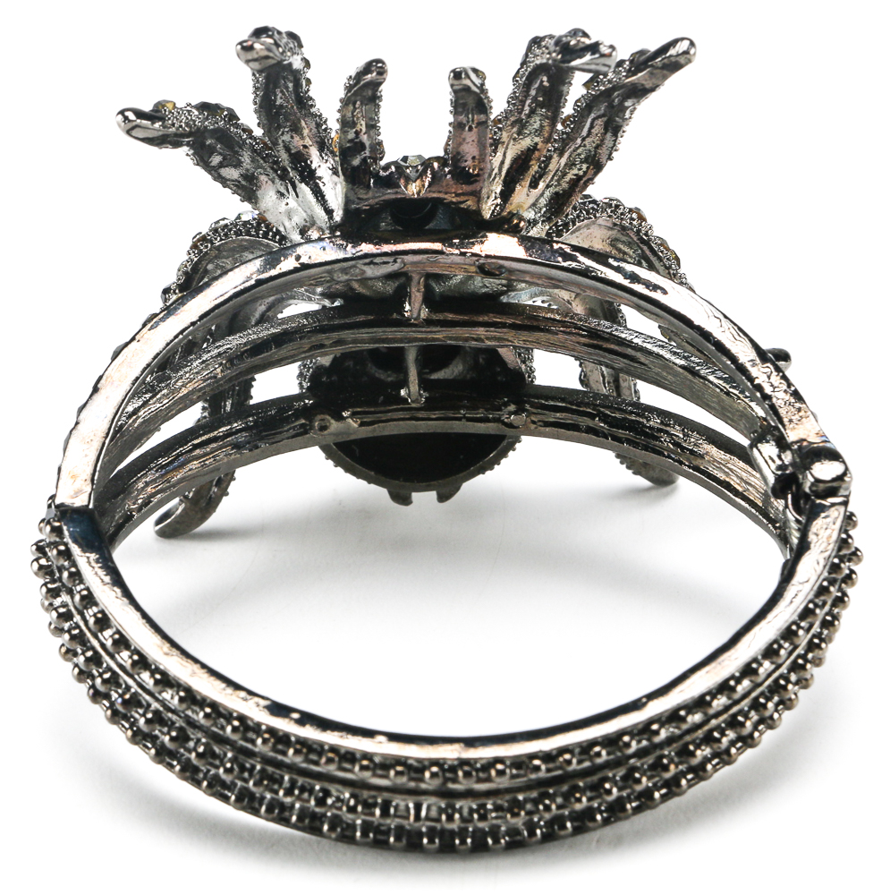 Black Leather Cuff And Rhinestone Spider Cuff Bracelet