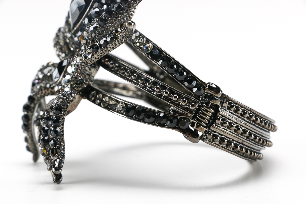 Black Leather Cuff And Rhinestone Spider Cuff Bracelet