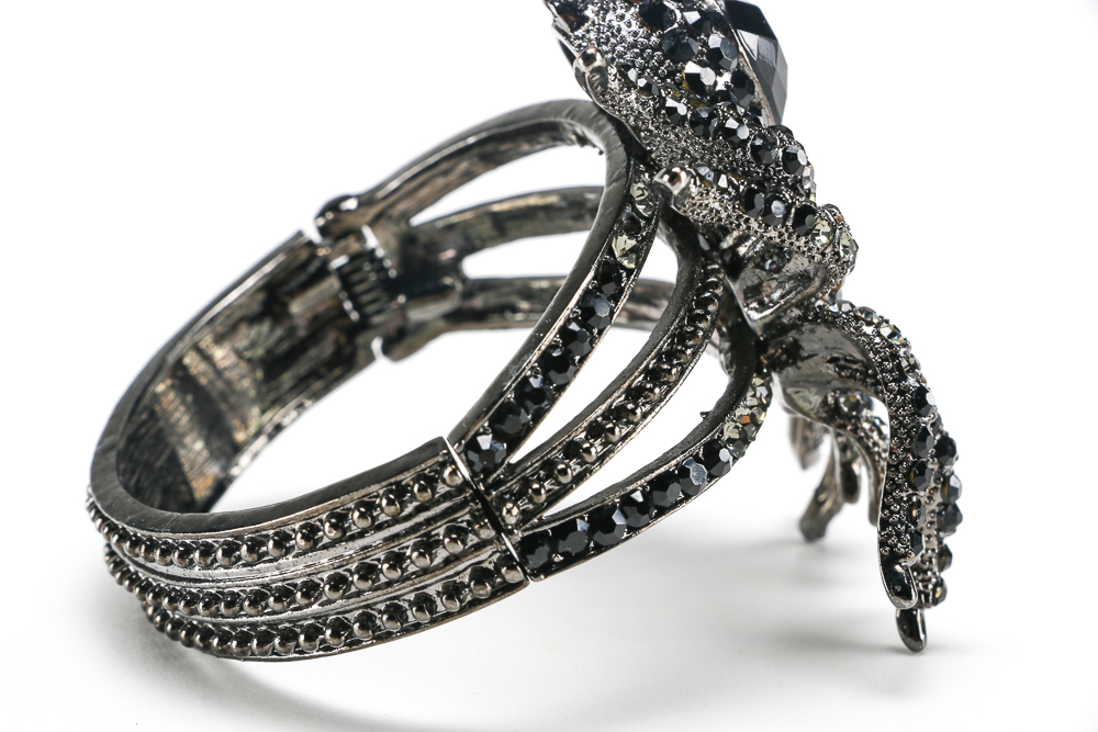 Black Leather Cuff And Rhinestone Spider Cuff Bracelet