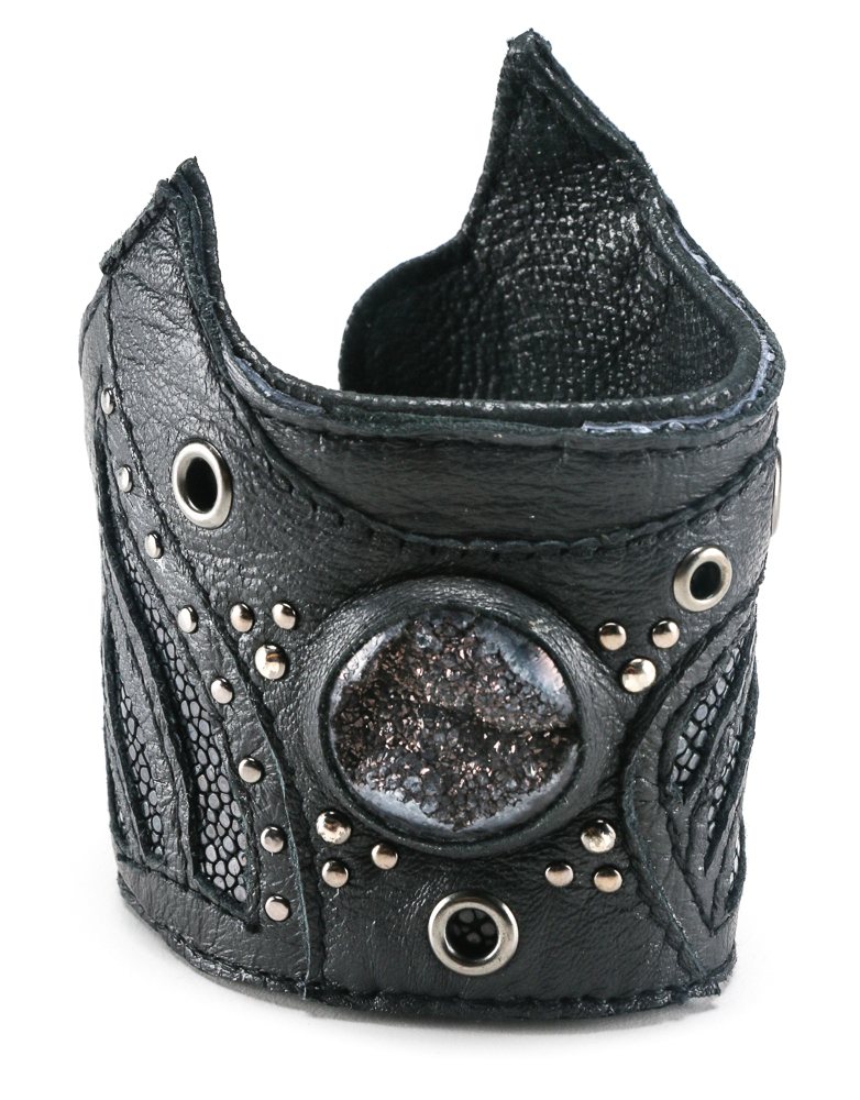 Black Leather Cuff And Rhinestone Spider Cuff Bracelet