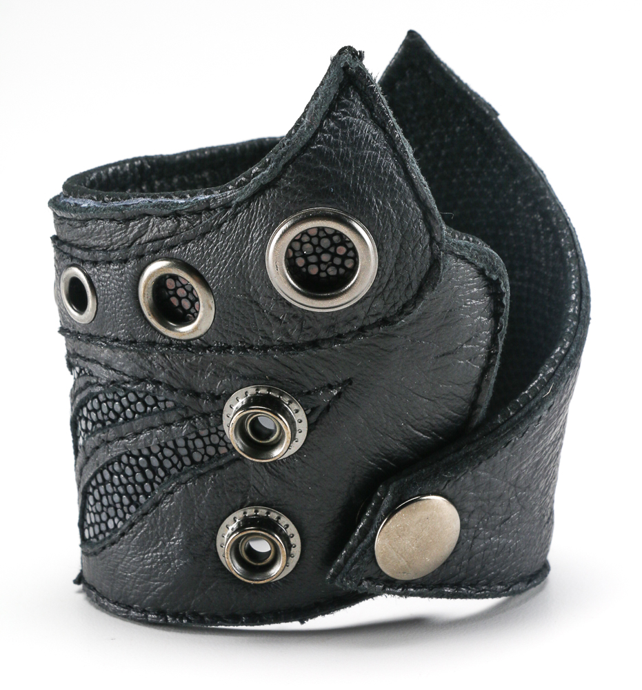 Black Leather Cuff And Rhinestone Spider Cuff Bracelet