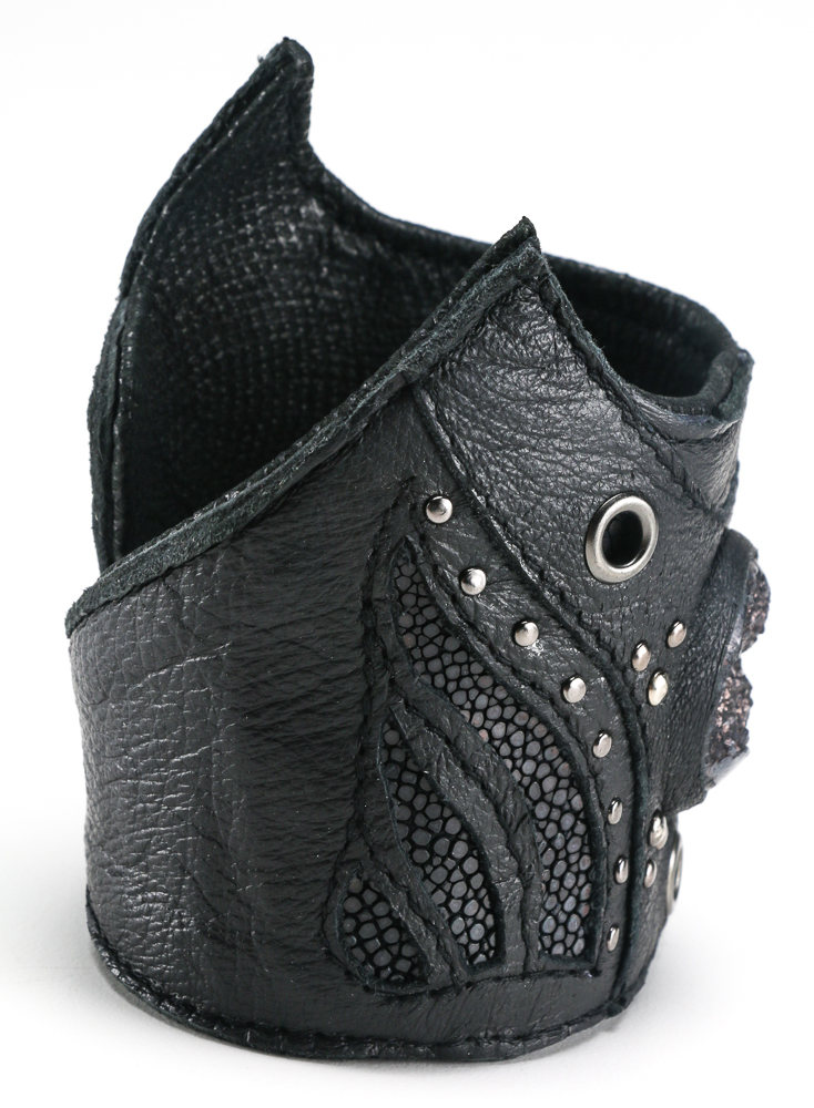 Black Leather Cuff And Rhinestone Spider Cuff Bracelet