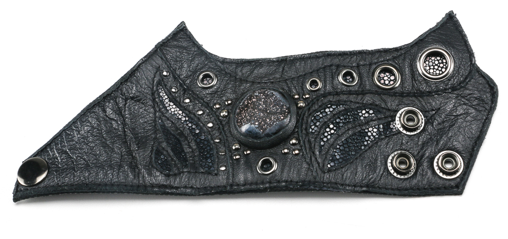 Black Leather Cuff And Rhinestone Spider Cuff Bracelet