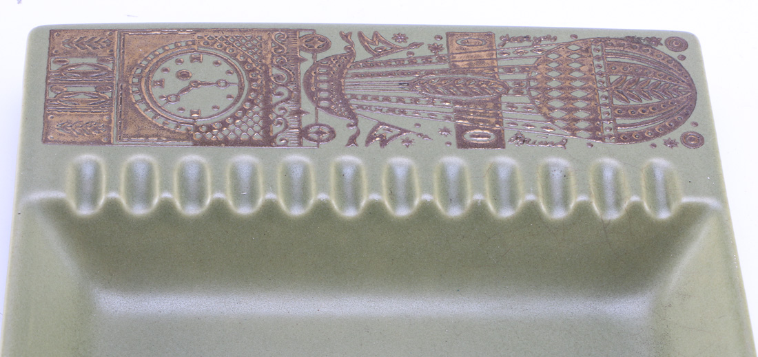 Georges Briard Midas by Hyalyn Porcelain Ash Receiver, and a Buffalo Plate