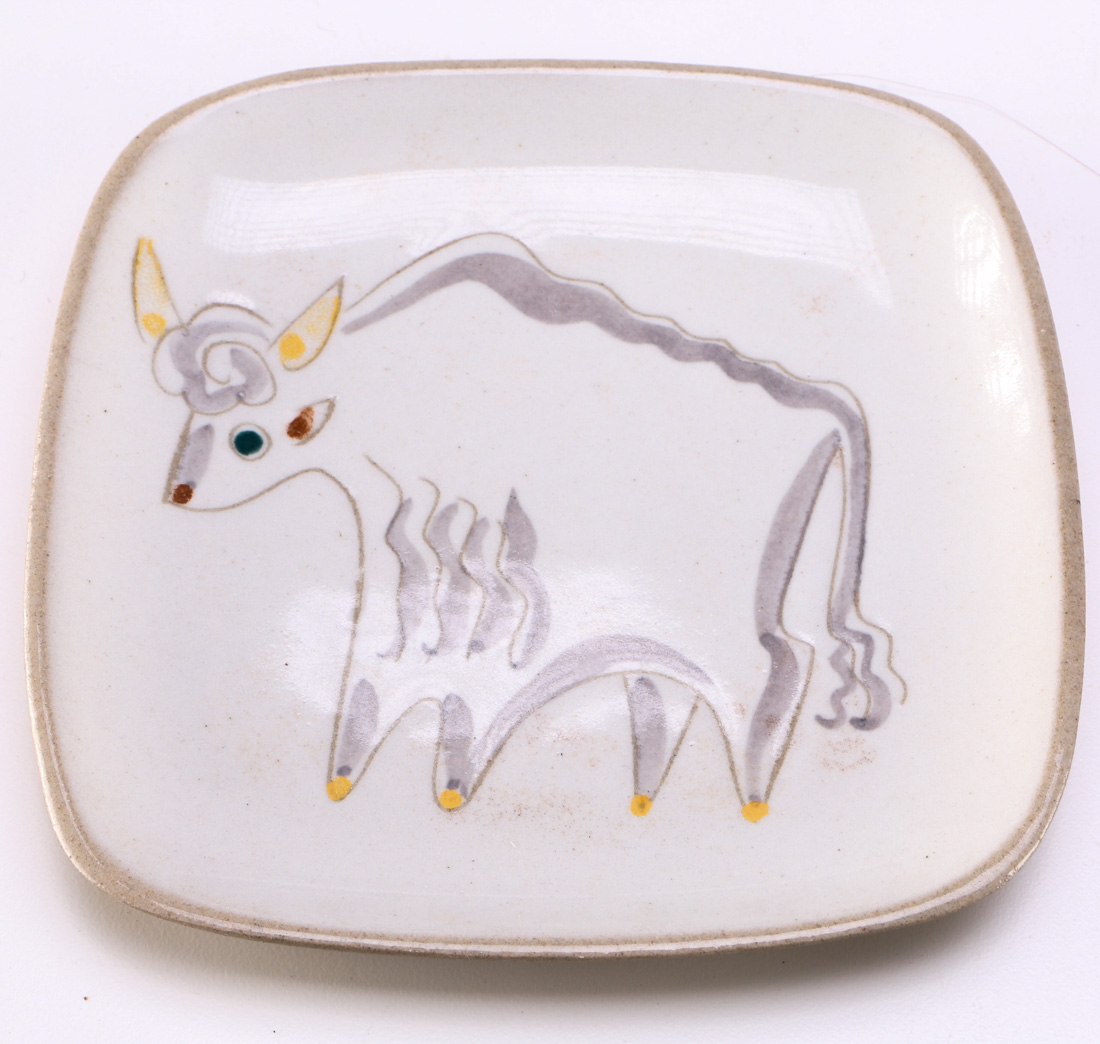 Georges Briard Midas by Hyalyn Porcelain Ash Receiver, and a Buffalo Plate