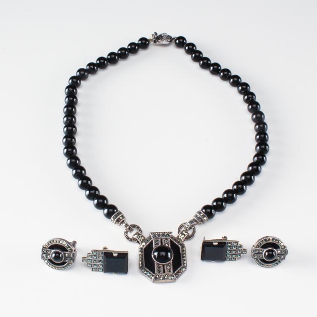 Judith Jack Sterling Marcasite Onyx Necklace and Earrings