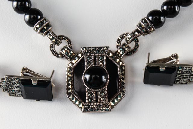 Judith Jack Sterling Marcasite Onyx Necklace and Earrings