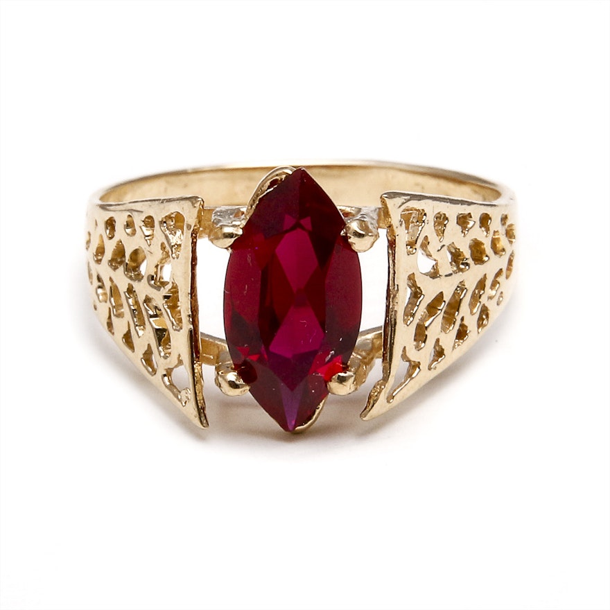 14K Yellow Gold Synthetic Ruby Ring