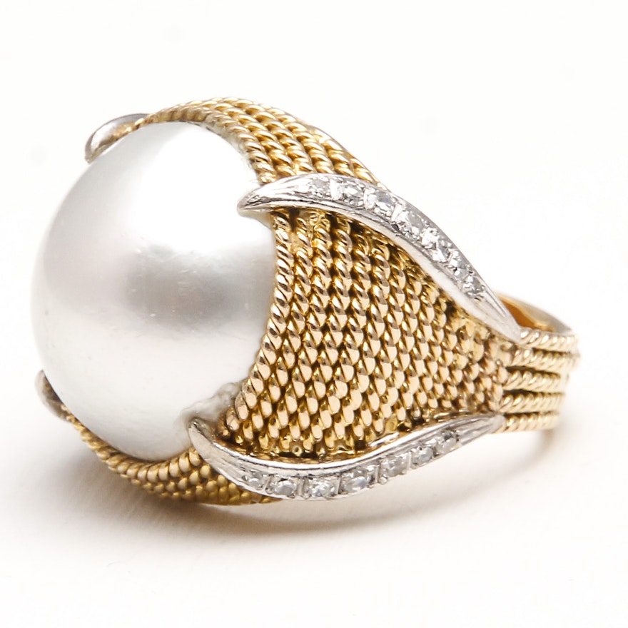 14K Yellow and White Gold Diamond Mabe Pearl Ring