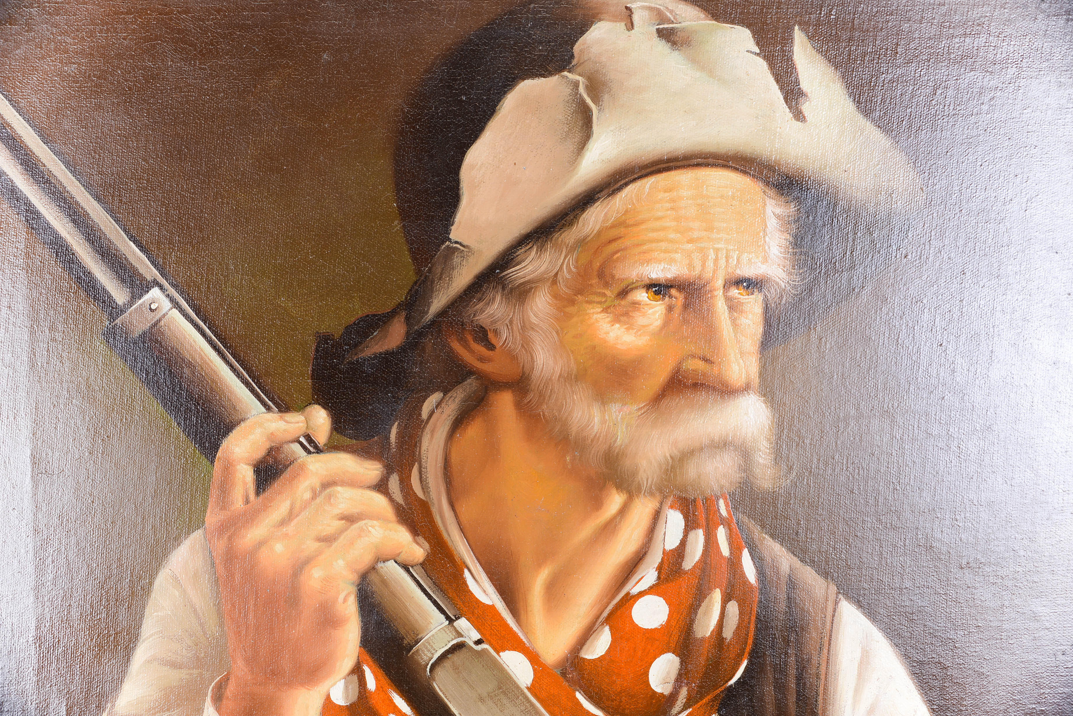 Signed Cowboy and Winchester Oil Painting